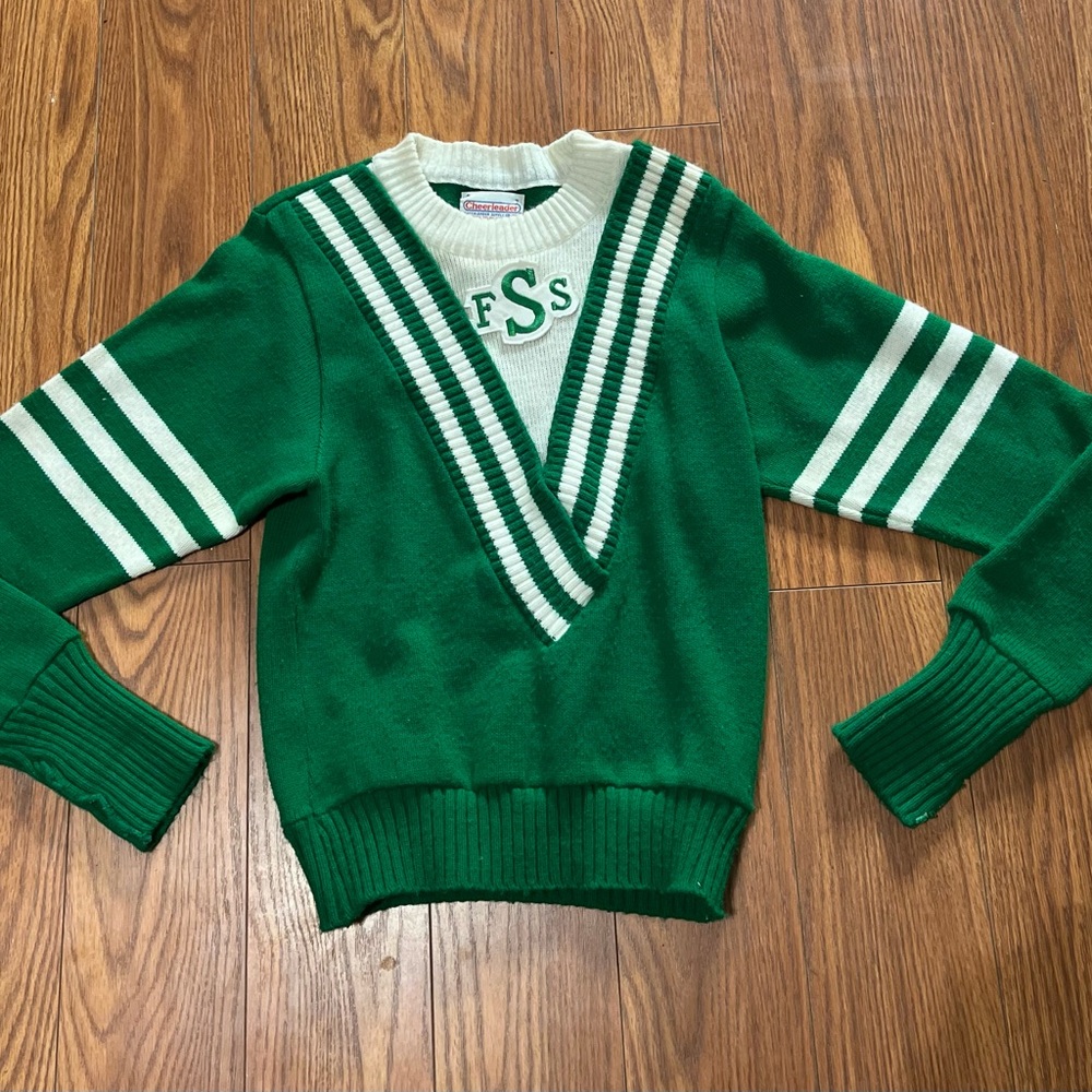 Vintage 1960s Cheerleader Varsity Sweater Green White V-Neck Letterman